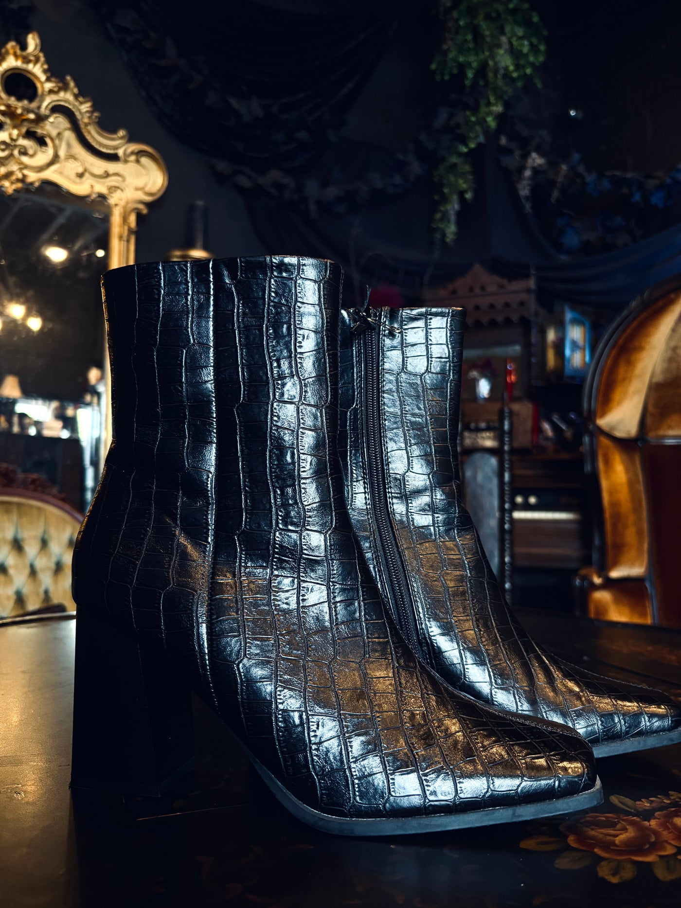 Truffle Collection 90’s Style Square Toe Black Vegan Leather Croc Embossed Chunky Heel Ankle Boots