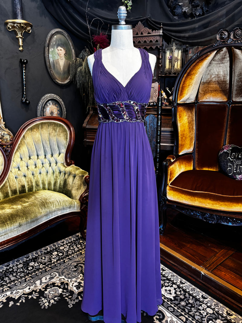 Y2K Purple Pleated Rhinestone and Sequined Prom Dress