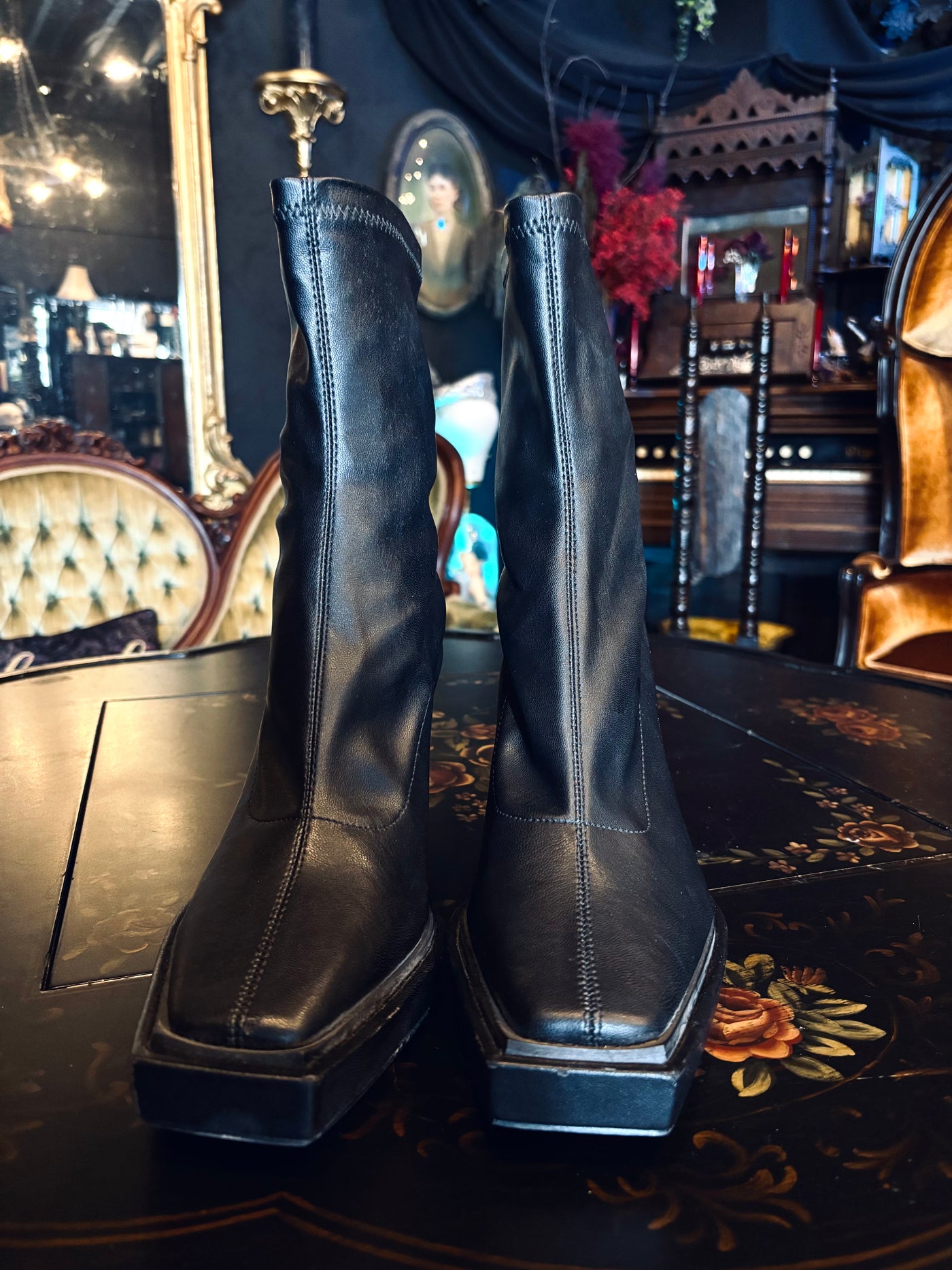 Desire Black Vegan Leather Square Toe Chunky Heel Ankle Sock Booties
