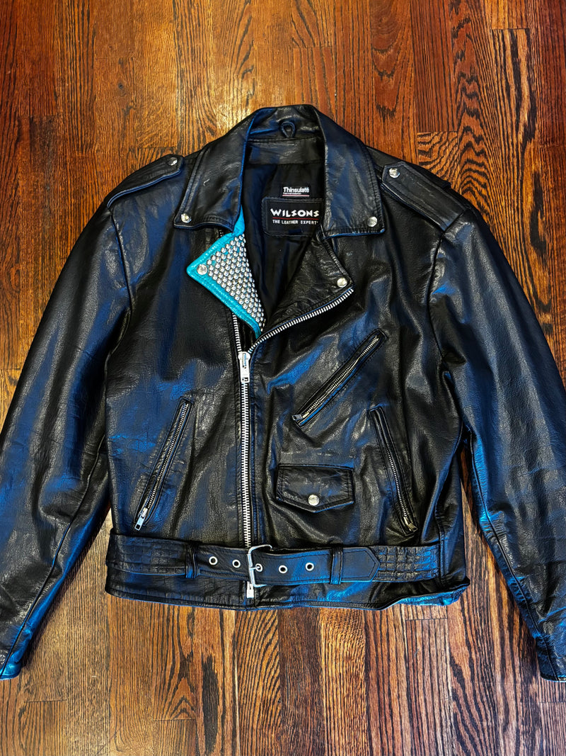Wilson’s Leather Moto Jacket with Studded Turquoise Details ￼