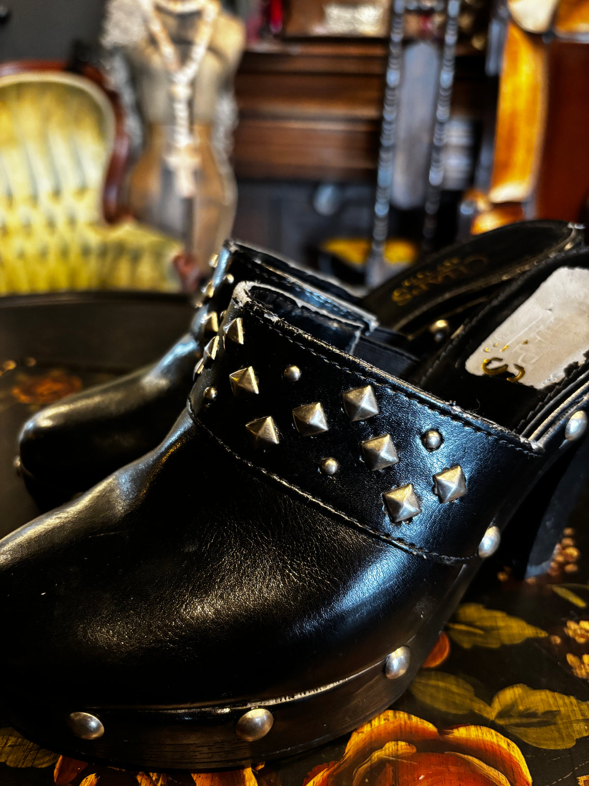 Y2K Chaps Black Silver Studded High Heel Mules