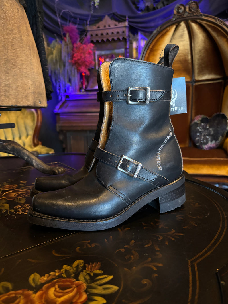 Vintage Harley-Davidson Black Leather Pointed Toe Buckle Boots