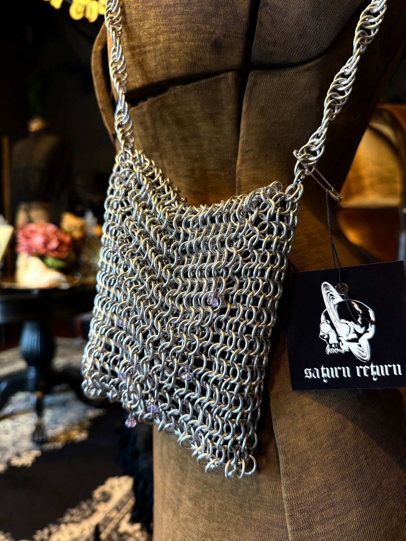 Handmade Silver w/ Purple Beads Aluminum Small Size Chainmail Handbag