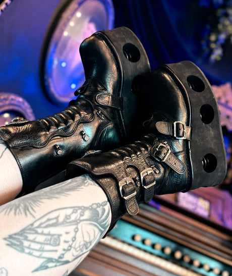 New Rock Vintage Old School Neptuno Black Leather Goth Platform Spring Boots