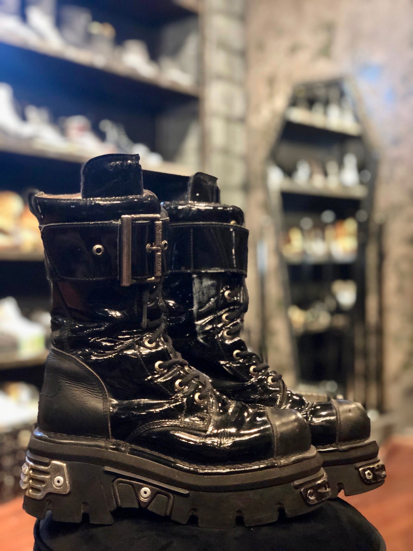 New Rock Black Patent Leather Reactor Buckle Boots