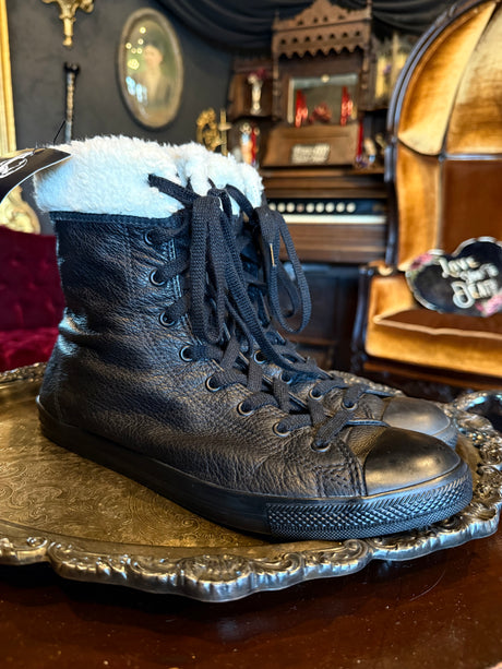 Black Leather Converse High Top Shearling Cuffed Sneakers