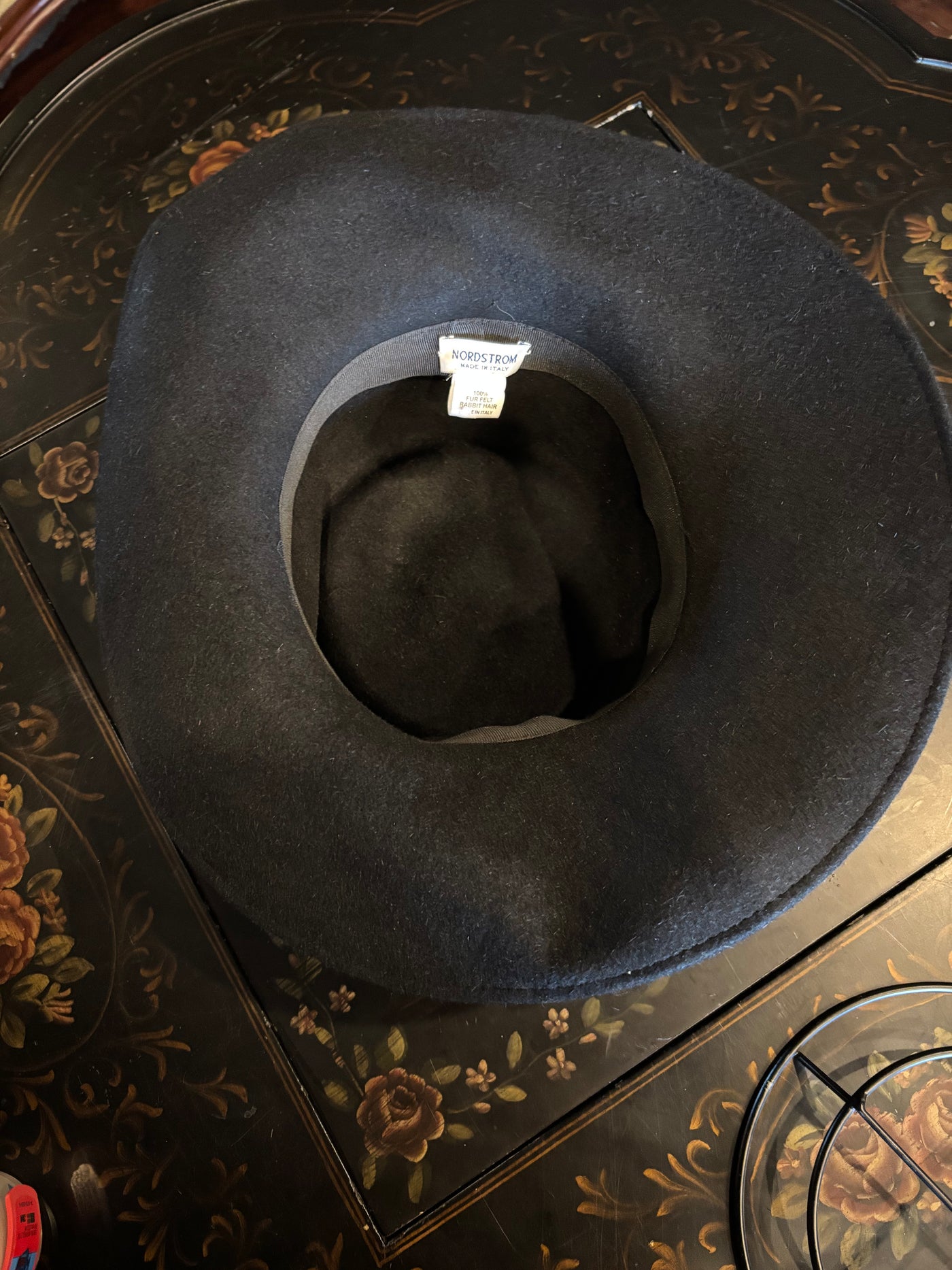Vintage Nordstrom Chic Black Asymmetrical Felt Hat With Flower Detail