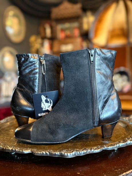Vintage Black Leather and Suede Button Snap Detail Heeled Boots