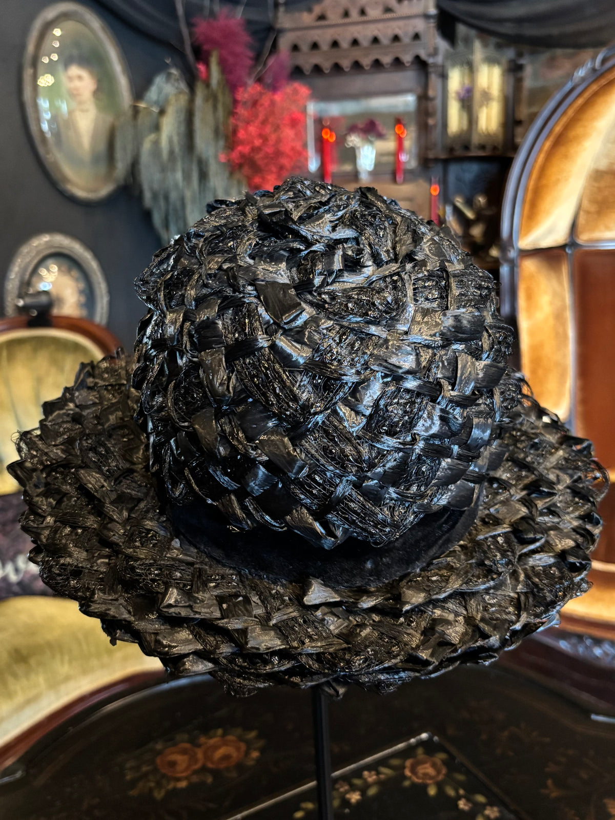 Vintage Black Brimmed Woven Straw Hat