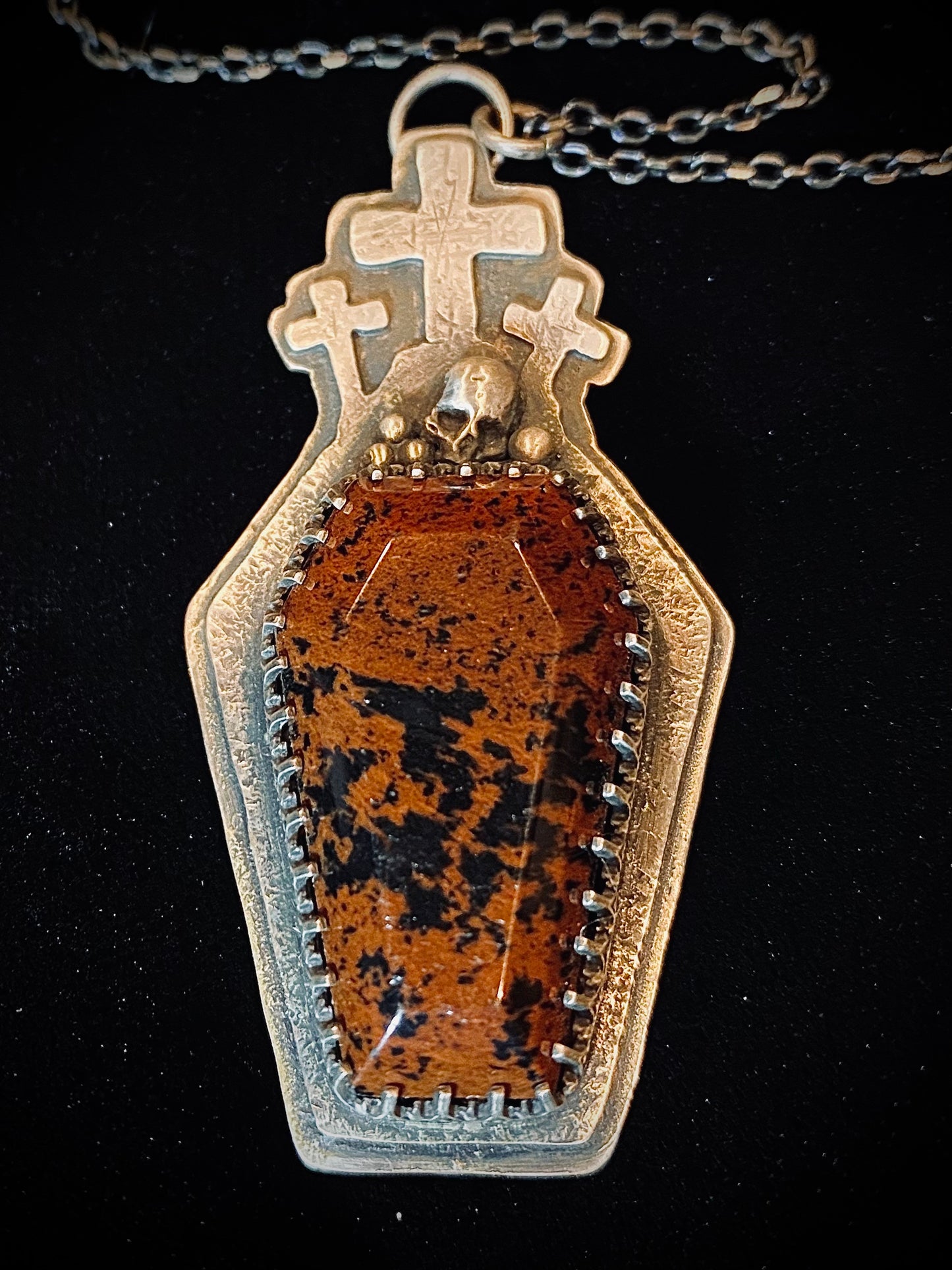 Von Desolate Serling Silver Mahogany Obsidian Coffin Pendant Necklace