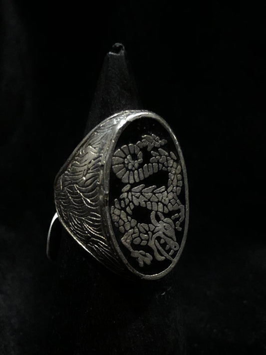 Vintage 1987 G&S Sterling Plated Black Enamel Dragon Biker Ring
