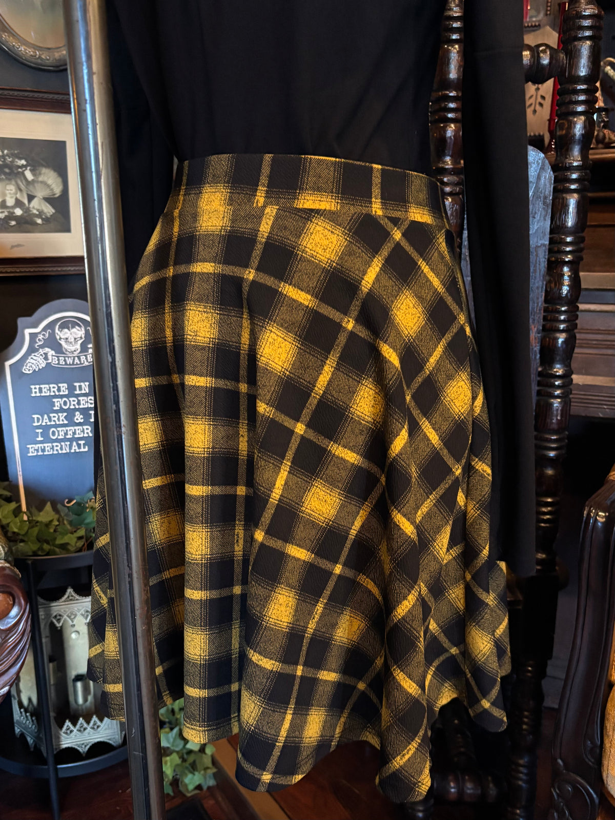 Midnight Hour Black and Yellow Plaid O-Ring Skater Skirt
