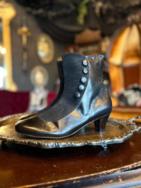 Vintage Black Leather and Suede Button Snap Detail Heeled Boots