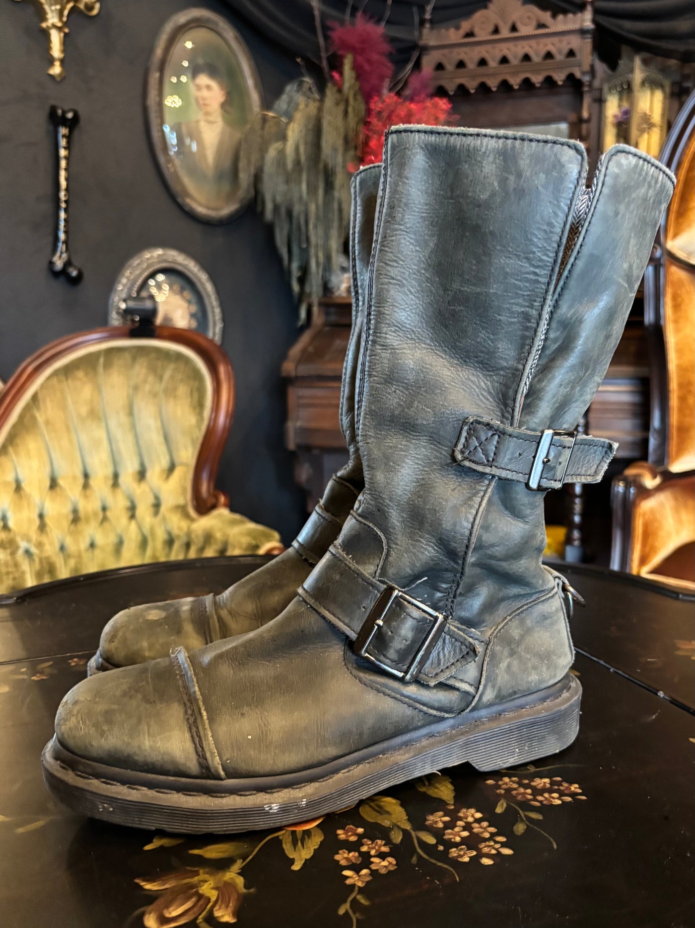 Dr. Marten Grey Worn-In Renn Faire Engineer Kathleen Biker Boots