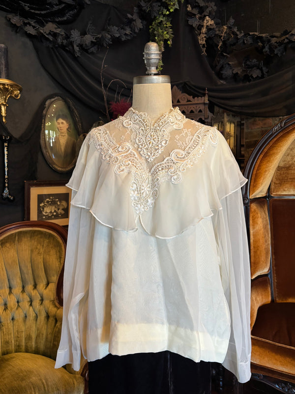 Vintage Beautiful White Lace Beaded Ruffle Blouse