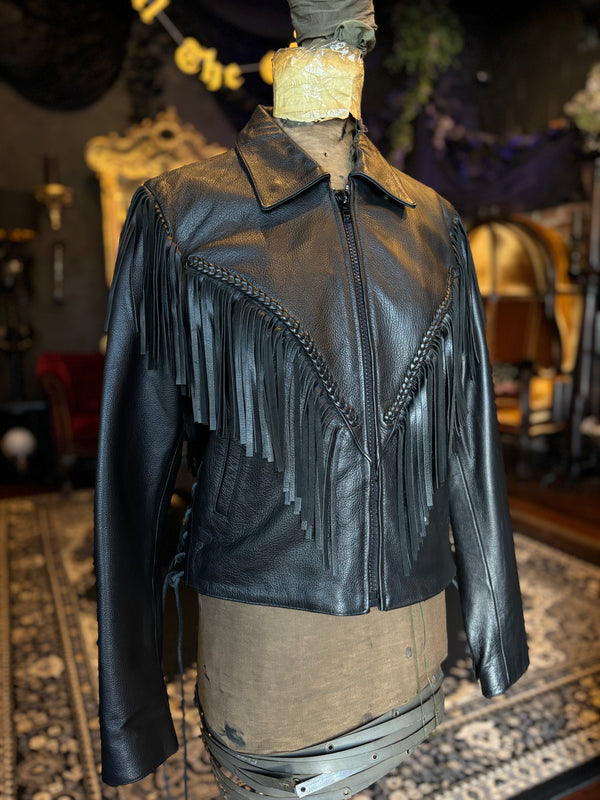 Vintage Wilson’s Open Road Black Leather Fringe Goth Cowboy Yallternative Motorcycle Biker Jacket