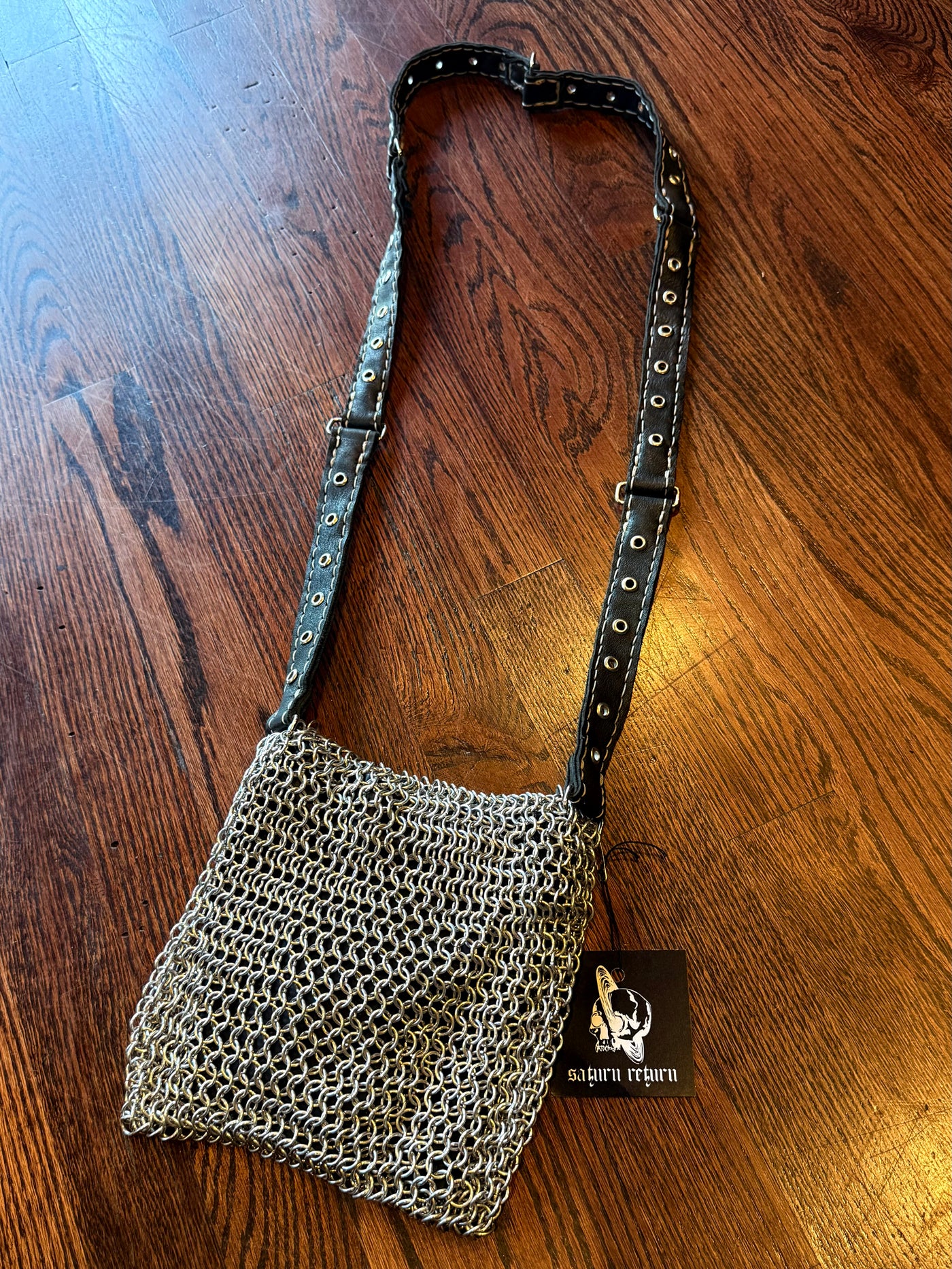 Handmade Silver & Black Vegan Leather Aluminium Chainmail Medium Crossbody Bag