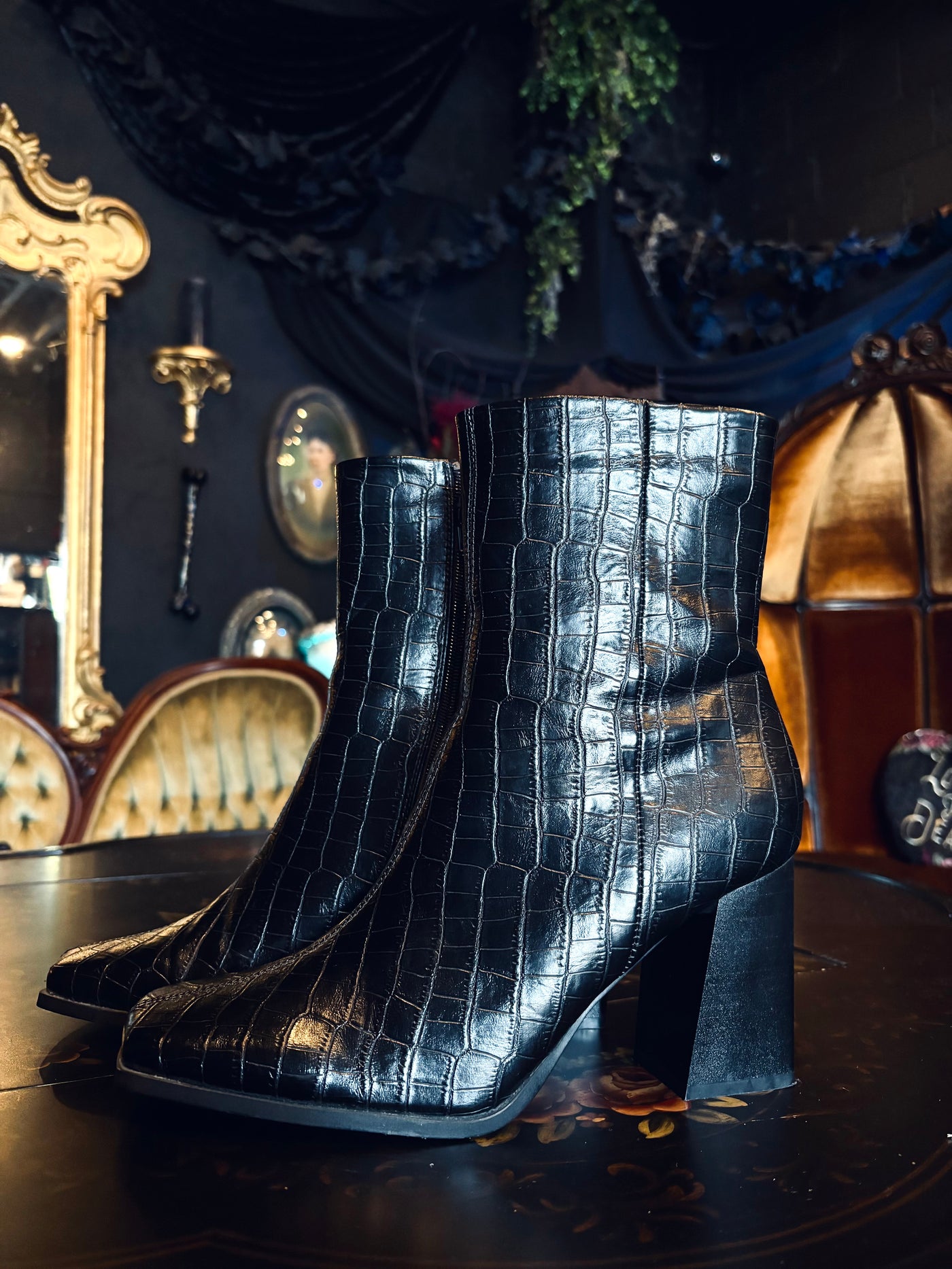 Truffle Collection 90’s Style Square Toe Black Vegan Leather Croc Embossed Chunky Heel Ankle Boots