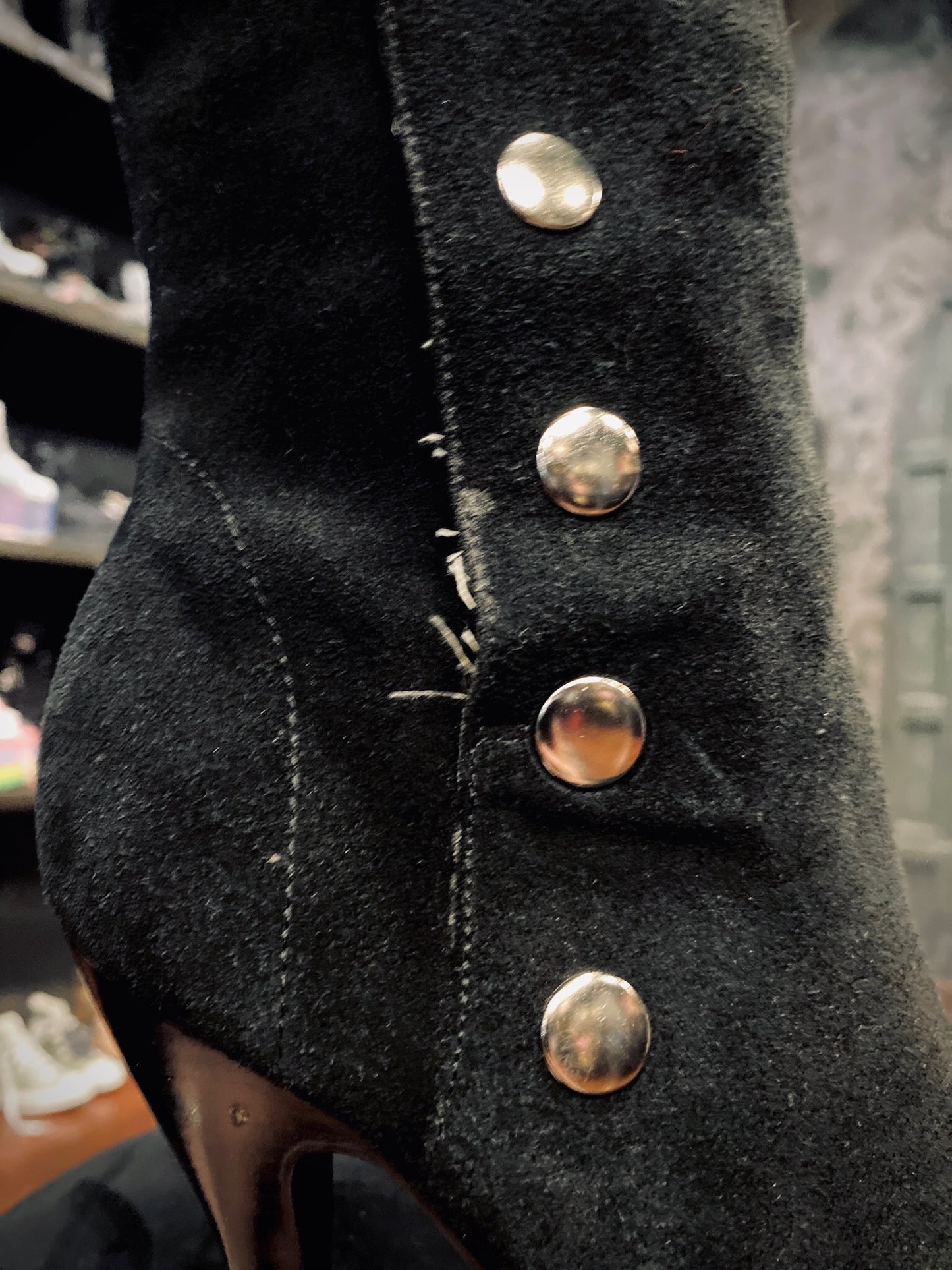 Benetar Black Suede Silver Snap Button Stiletto Boots