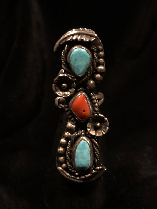 Sterling Silver Triple Stone Turquoise And Red Coral Ornate Ring