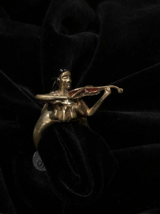 Vintage Brass Woman With Violin Statement Ring