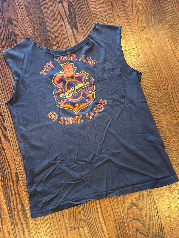 Vintage 1980’s Harley-Davidson “Put Your Ass On Some Class” Customized Sleeveless Pocket T-Shirt