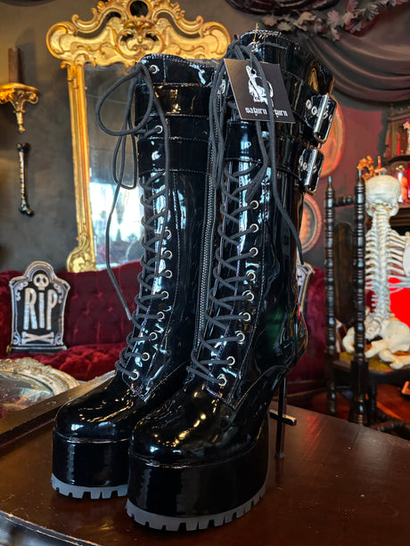 NWT Widow Black Vinyl “Crossing Over” Stiletto Heel Platform Boots