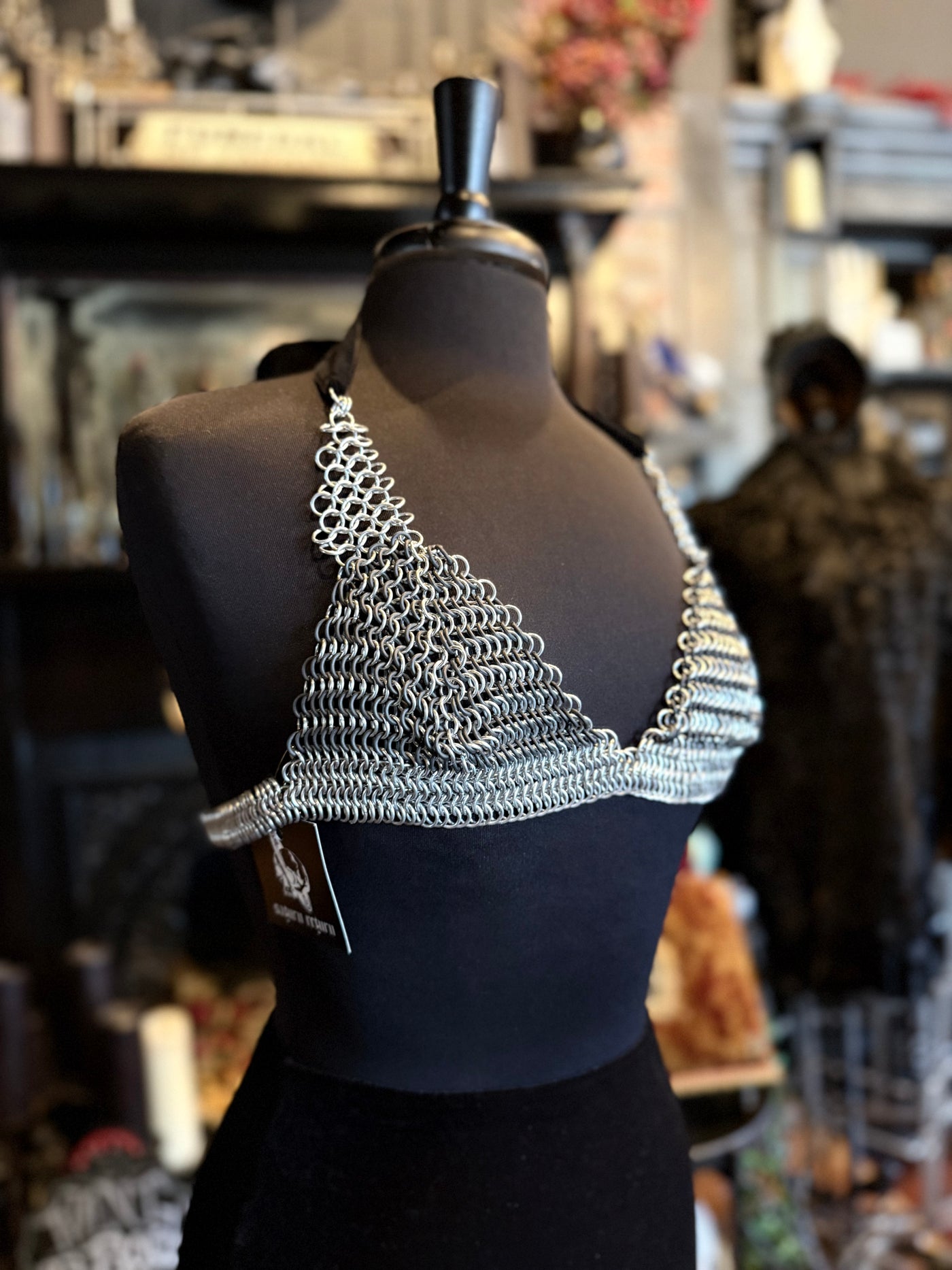Handmade Silver & Black Velvet Chainmail Bikini Bra Halter Top