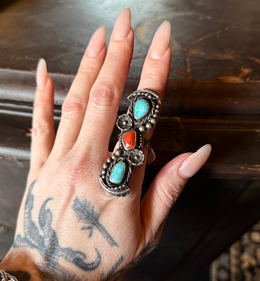 Sterling Silver Triple Stone Turquoise And Red Coral Ornate Ring