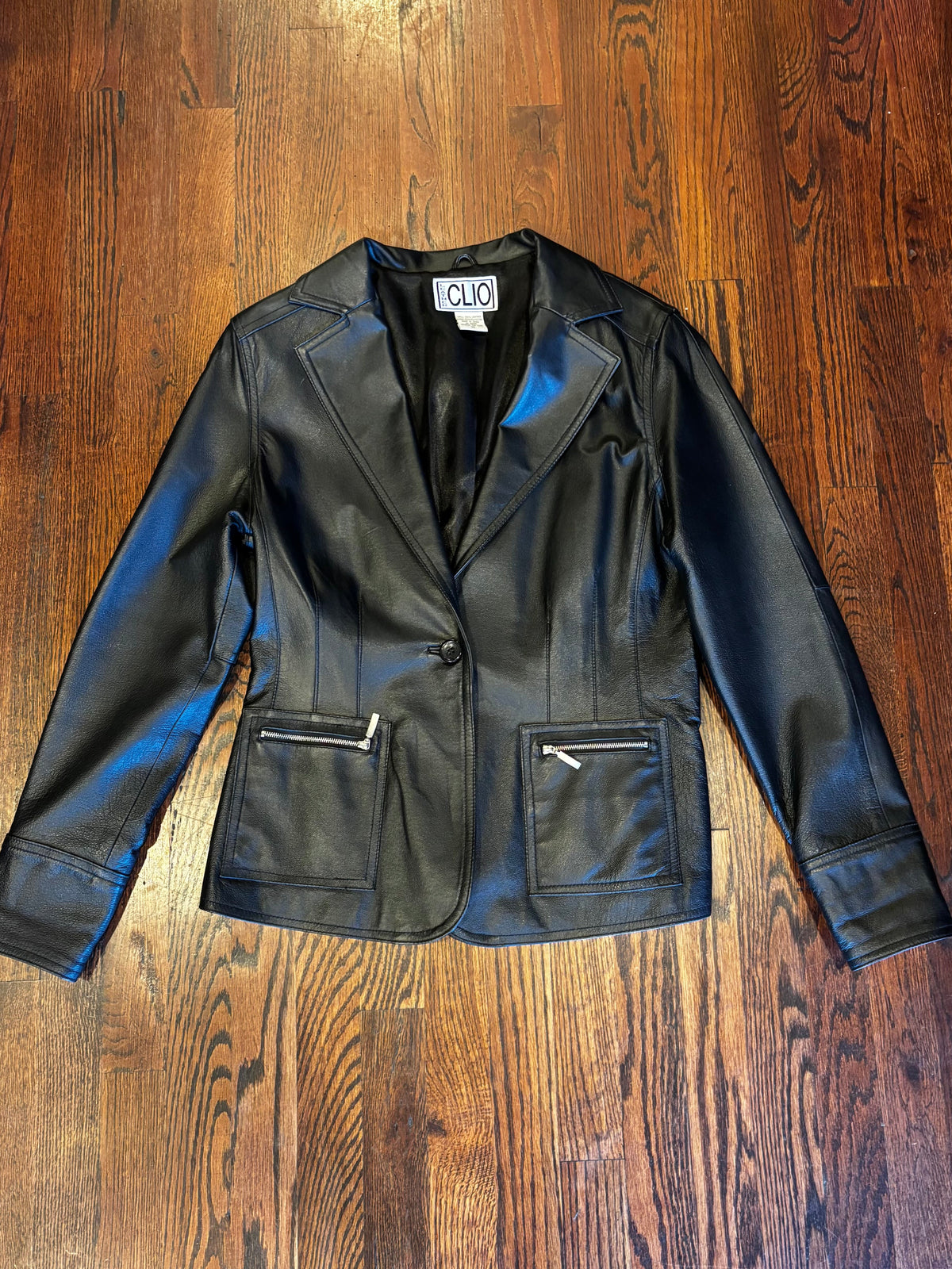 Vintage Clio Black Leather Zipper Pocket Blazer