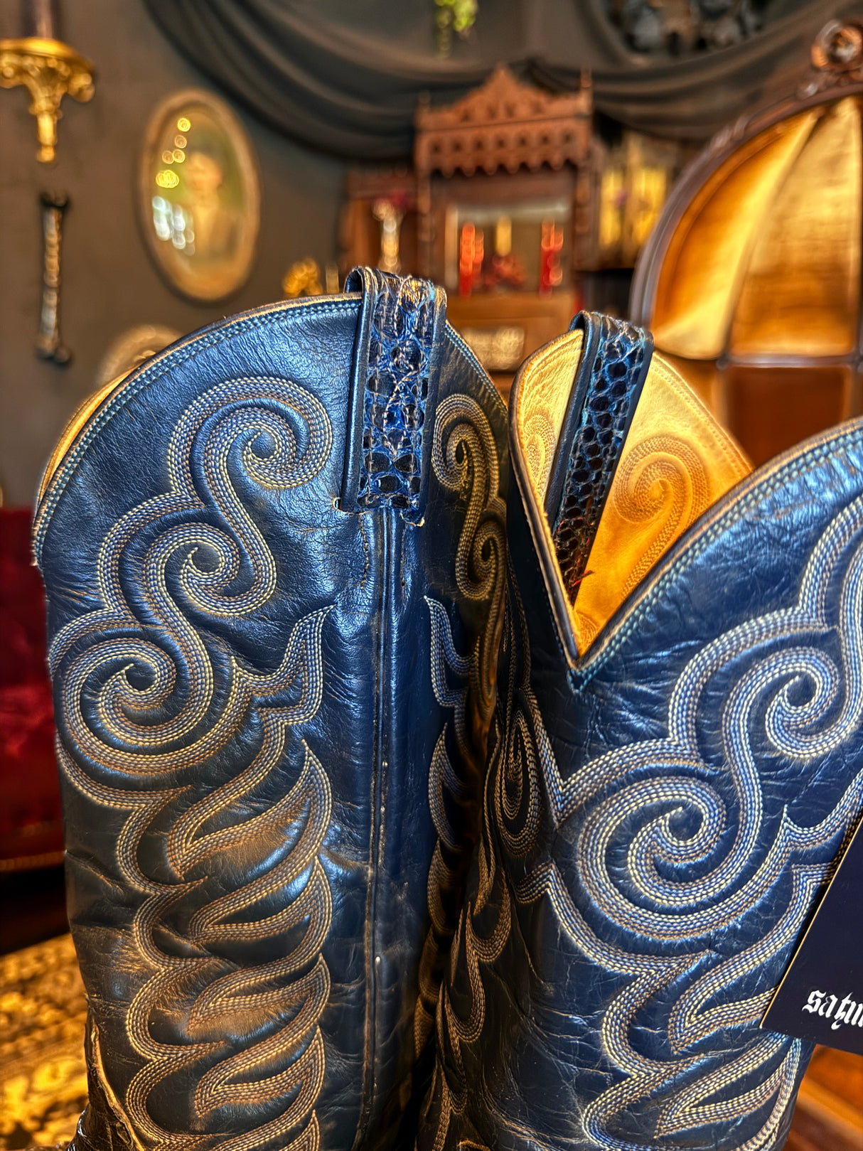 Tony Lama Dark Blue Teal Snakeskin Ornate Cowboy Boots