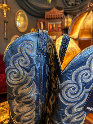 Tony Lama Dark Blue Teal Snakeskin Ornate Cowboy Boots