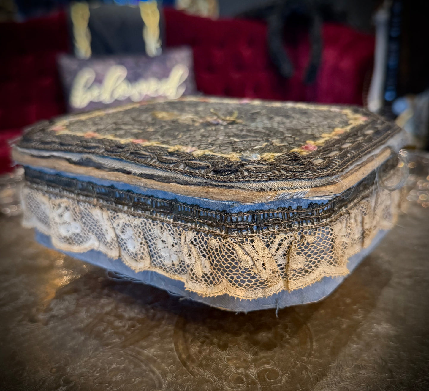 Antique Floral Lace Sewing Box
