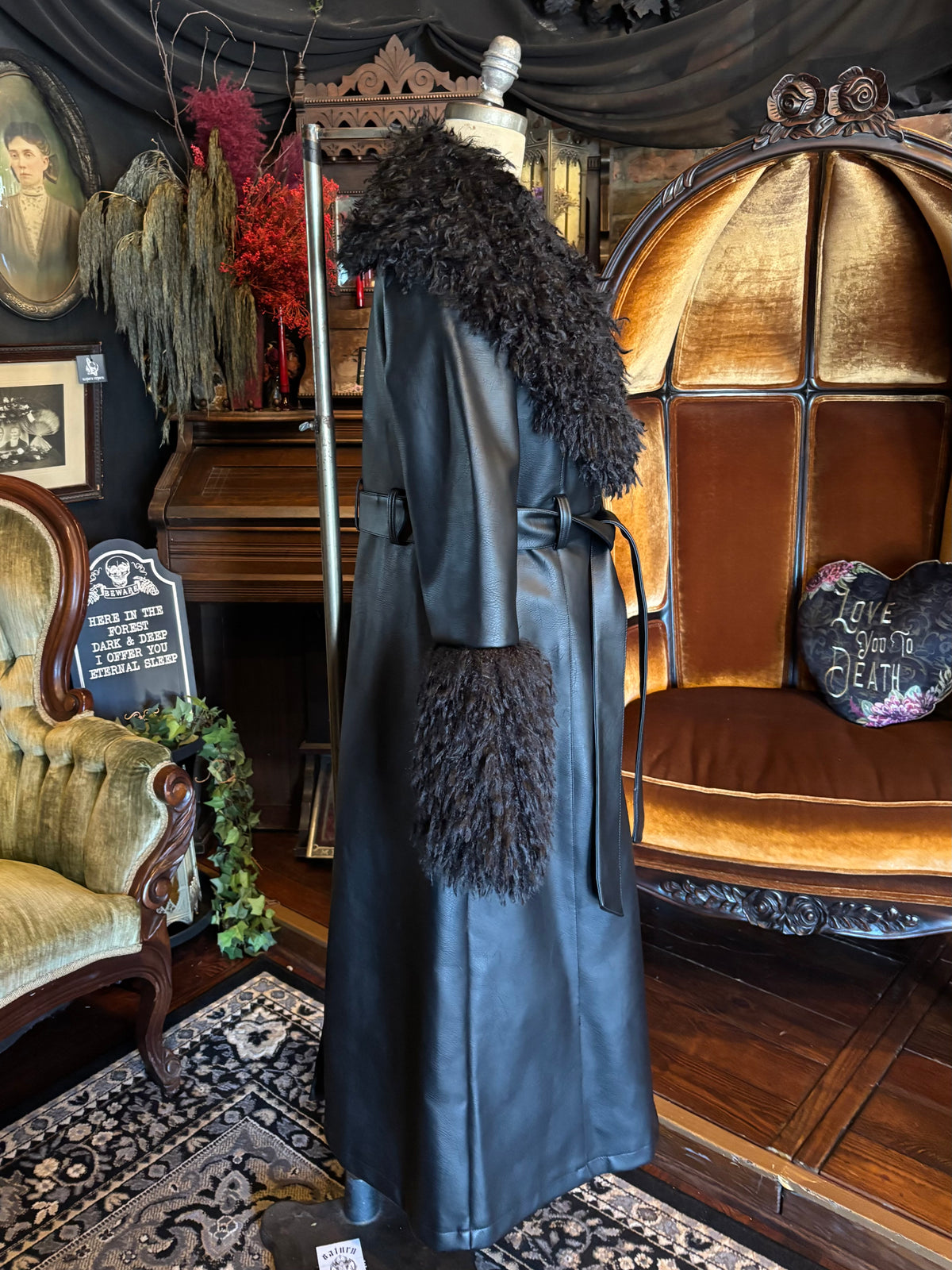 Epic Killstar Discontinued Black Vegan Leather Faux Fur Trim Long Winter Coat