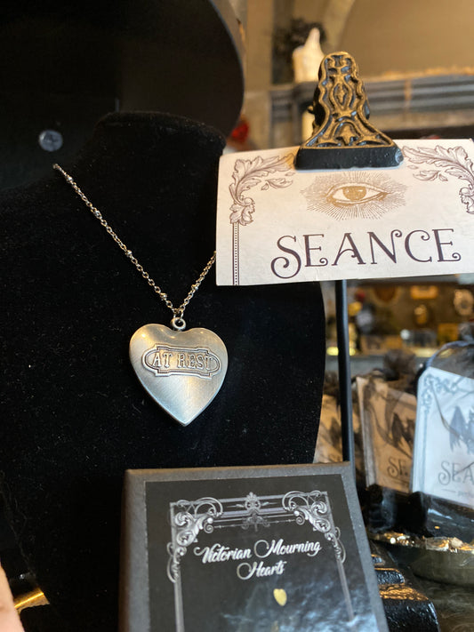 Seance “At Rest” Momento Mori In Memoriam Silver Toned Heart Shaped Mourning Pendant Necklace