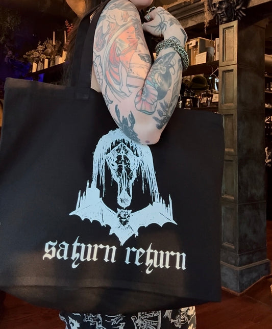 ‘Saturn Return’ Gothic Bat Skull Beach Tote Bag