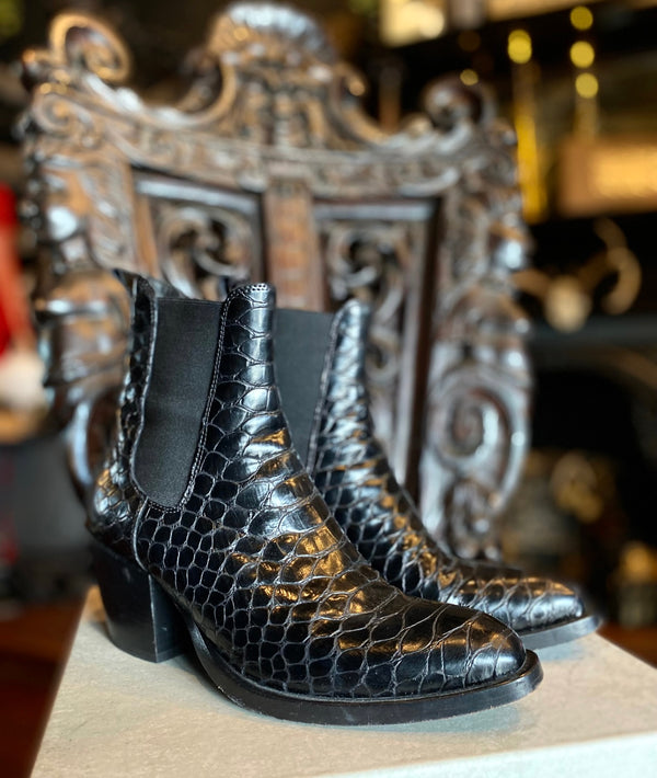 Elena Iachi Black Leather Snakeskin Embossed Goth Western Chelsea Ankle Boots