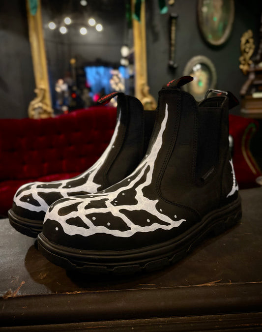 HEXXCROW Hand-Painted Spider Web Cybersigilism Style Black Leather Chelsea Boots Men’s Size 8