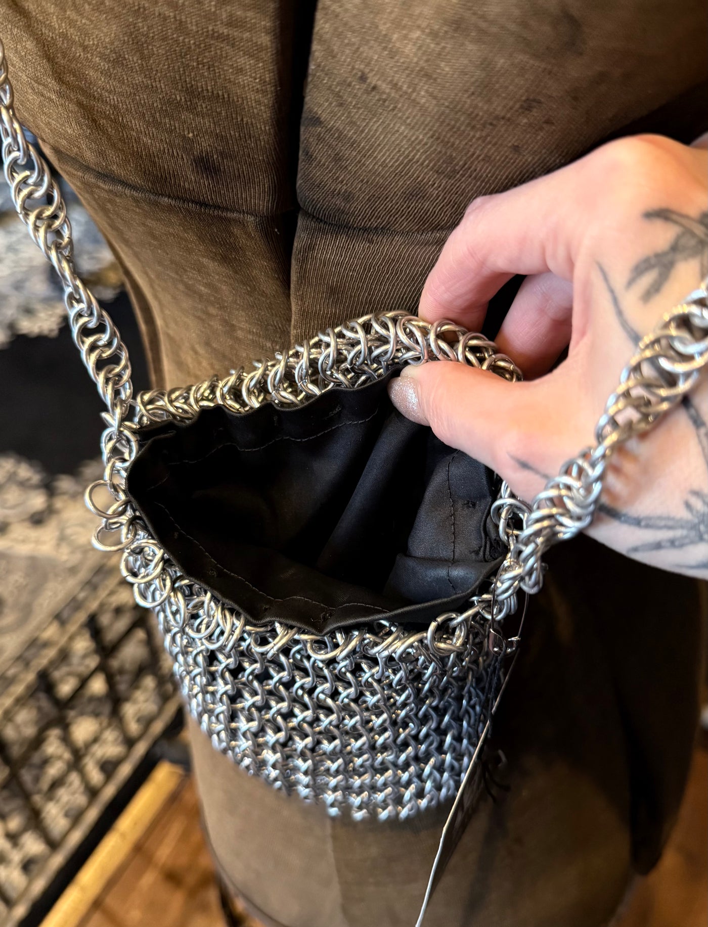 Handmade Silver w/ Purple Beads Aluminum Small Size Chainmail Handbag