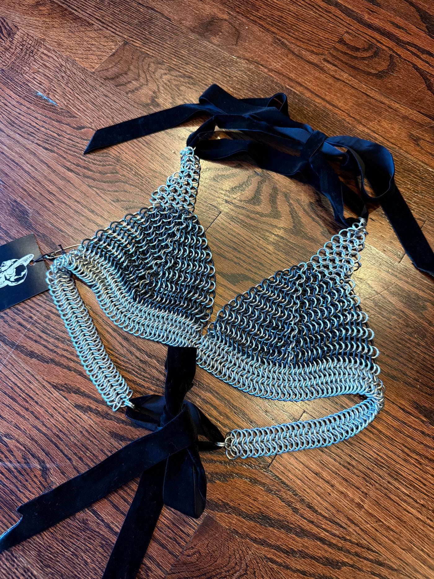 Handmade Silver & Black Velvet Chainmail Bikini Bra Halter Top