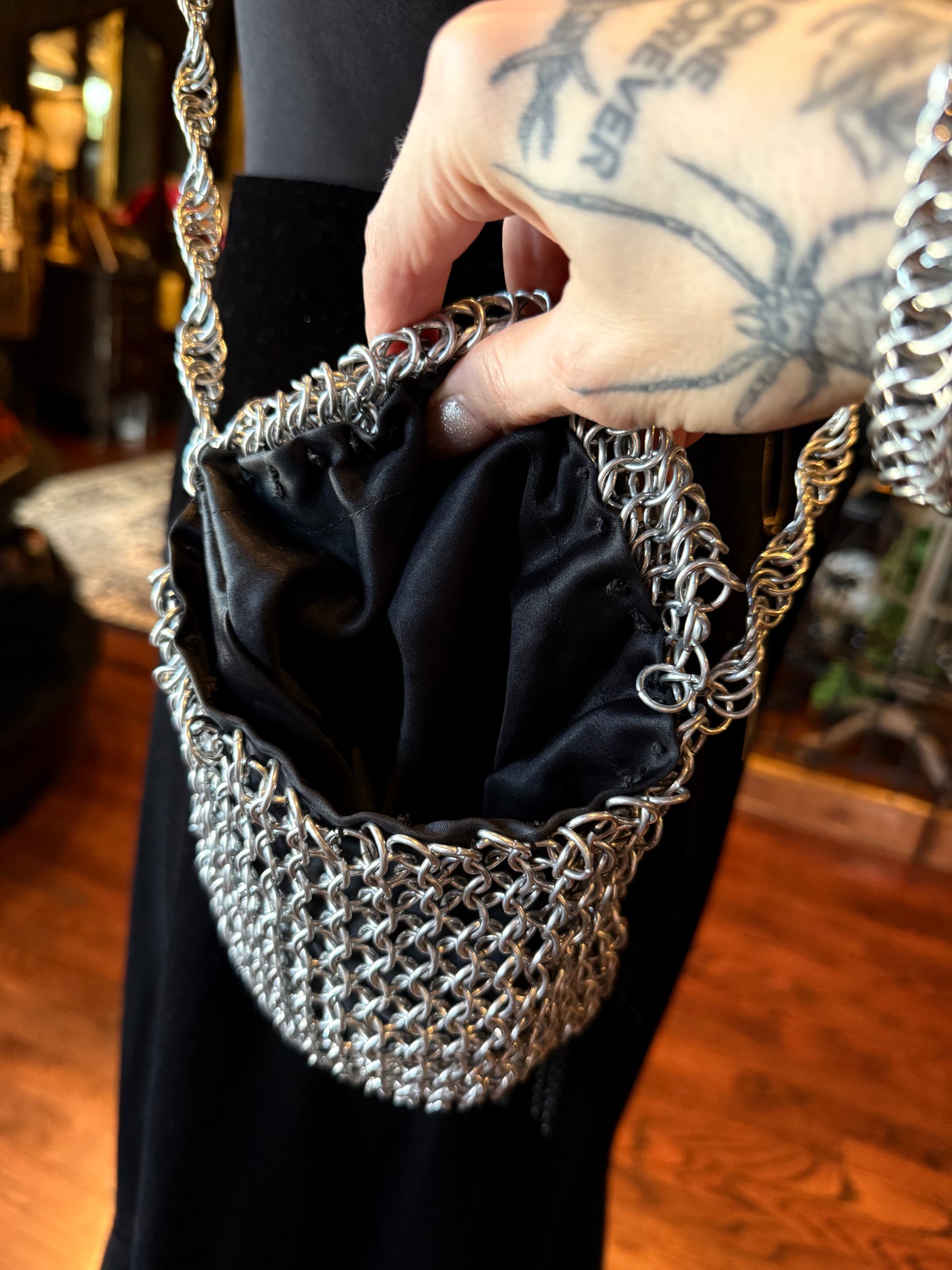 Handmade Silver w/Black Chain Chainmail Crossbody Medium Size Bag
