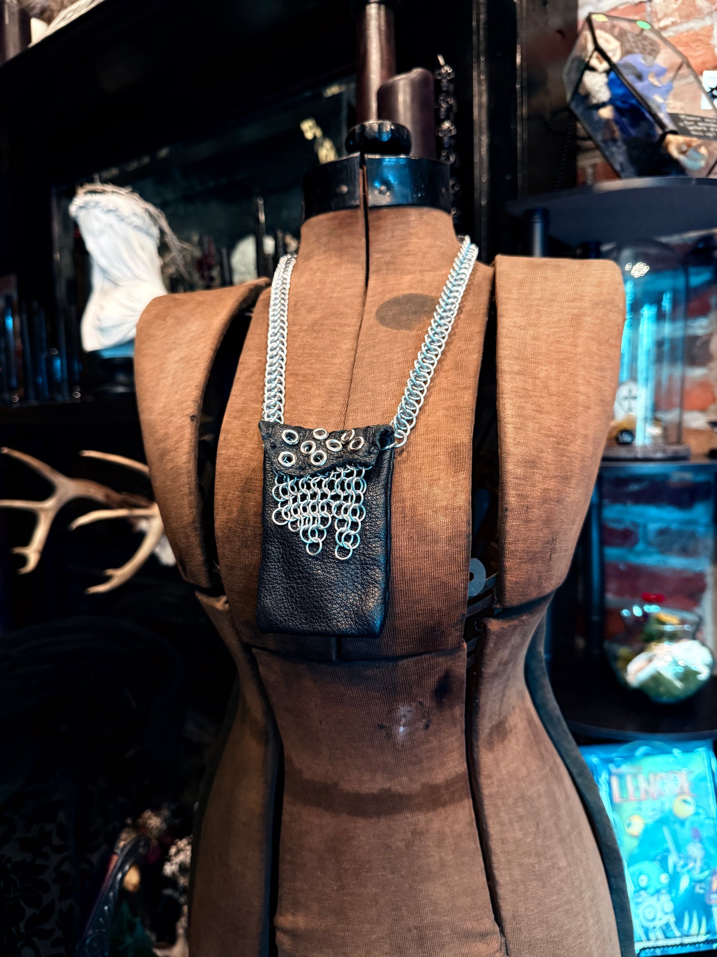 Handmade Silver Aluminum and Black Leather Chainmail Necklace Pouch