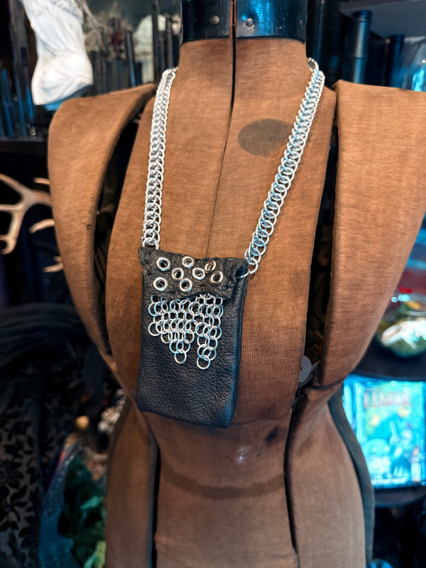 Handmade Silver Aluminum and Black Leather Chainmail Necklace Pouch