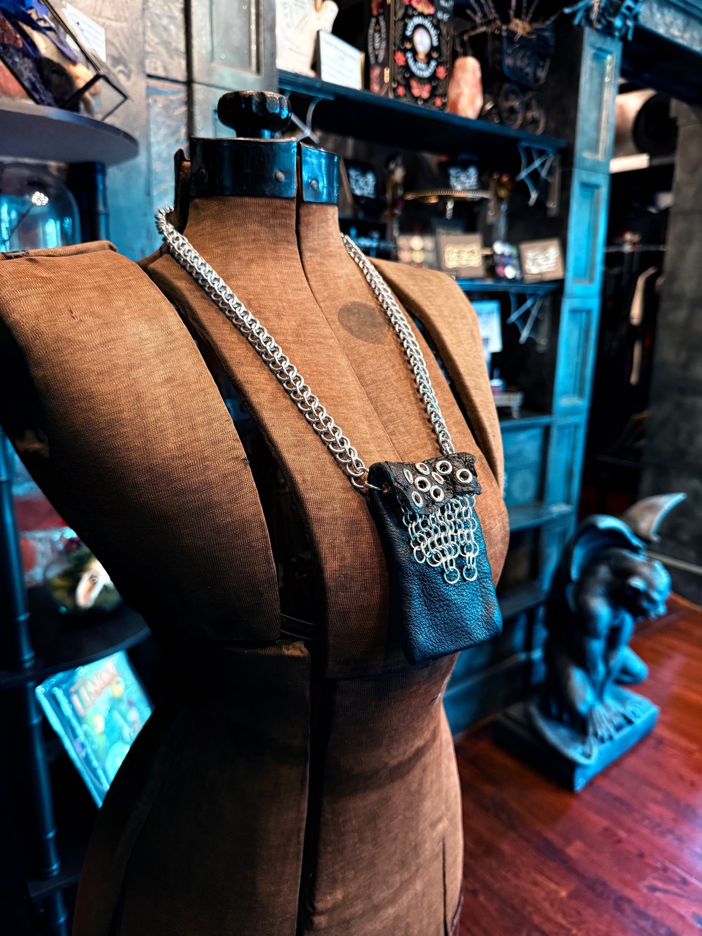 Handmade Silver Aluminum and Black Leather Chainmail Necklace Pouch