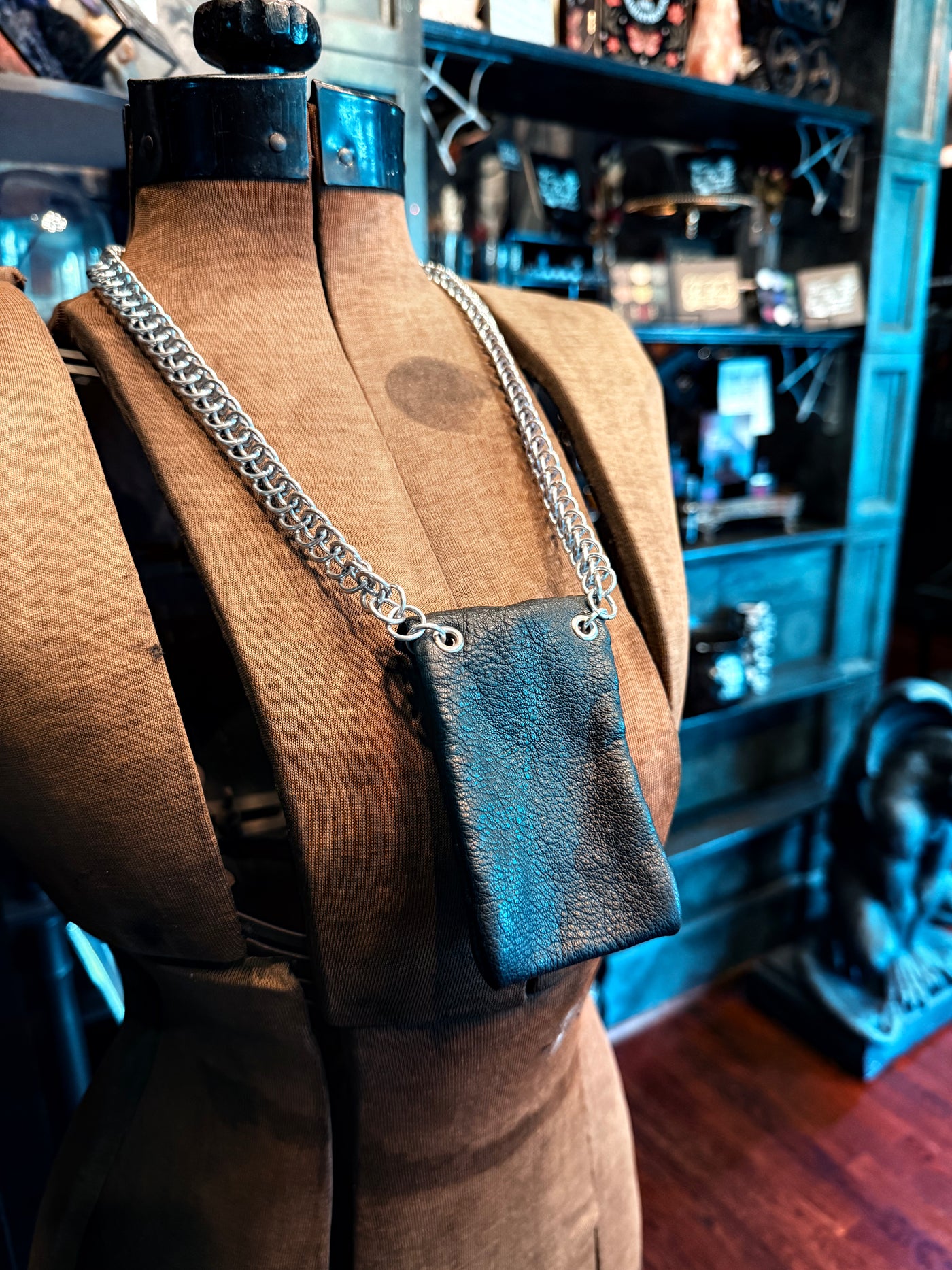 Handmade Silver Aluminum and Black Leather Chainmail Necklace Pouch