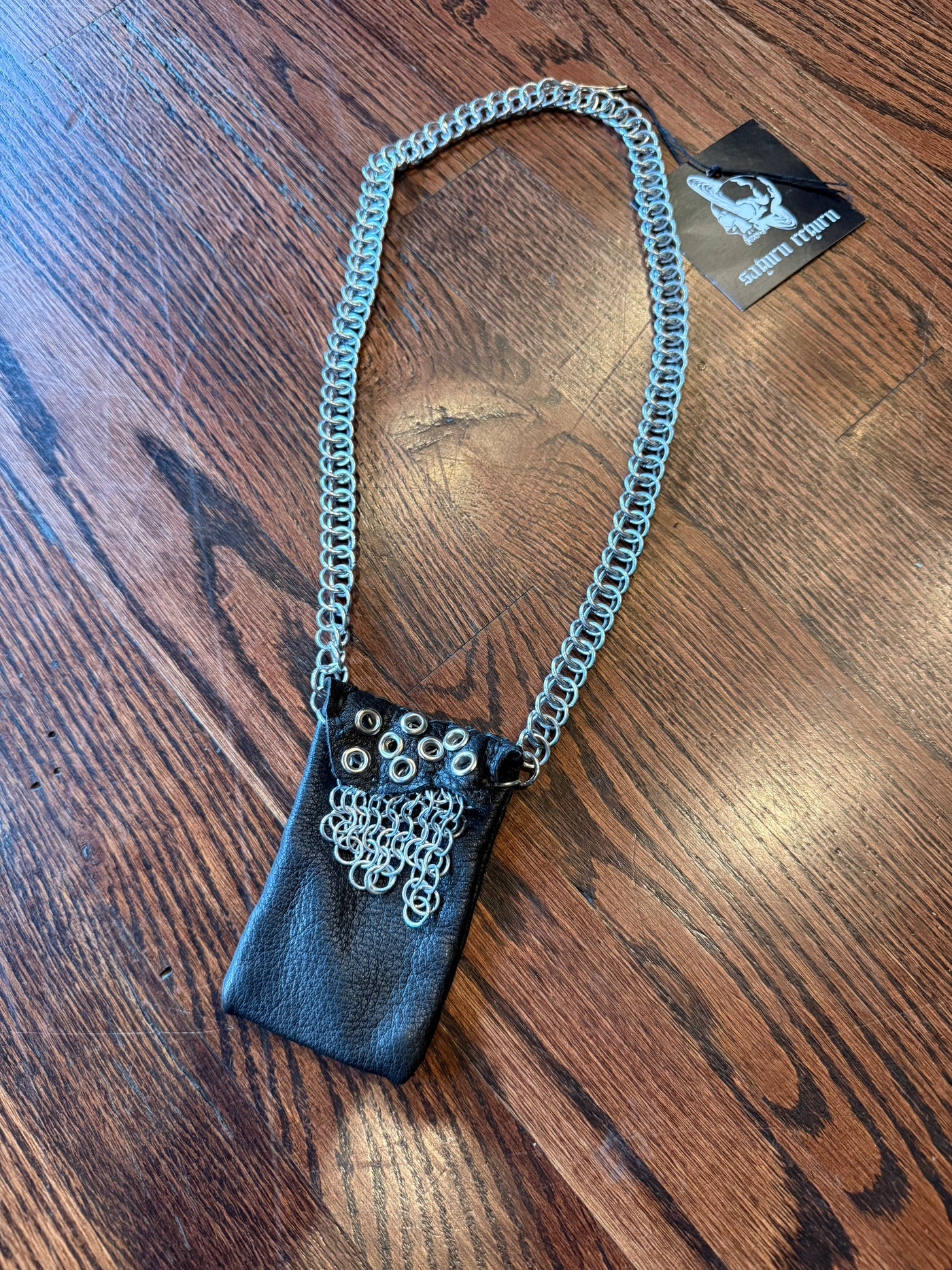 Handmade Silver Aluminum and Black Leather Chainmail Necklace Pouch
