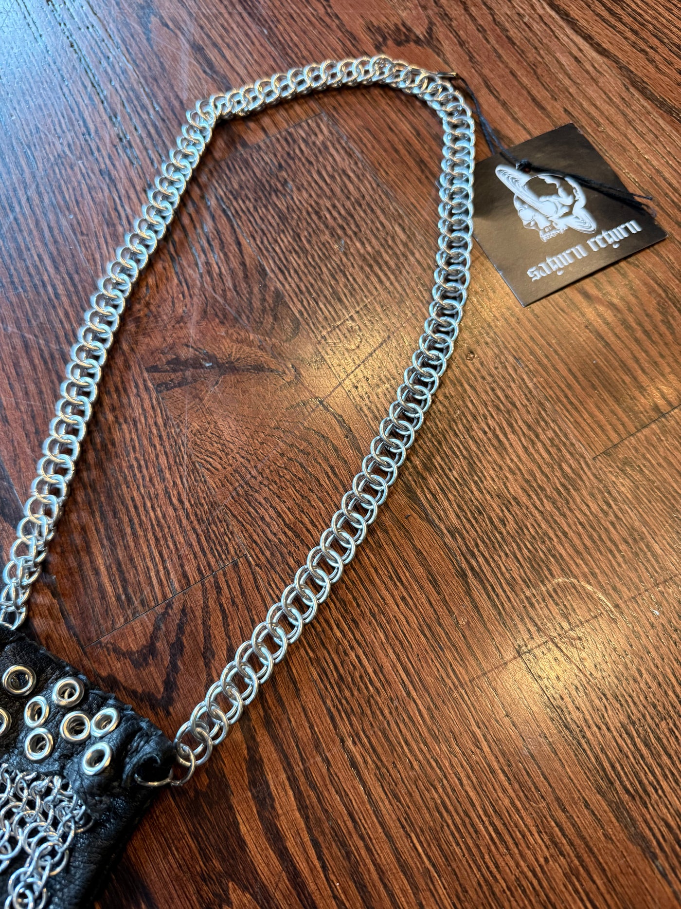 Handmade Silver Aluminum and Black Leather Chainmail Necklace Pouch