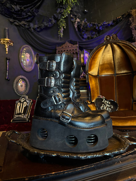 New Rock Vintage Old School Neptuno Black Leather Goth Platform Spring Boots