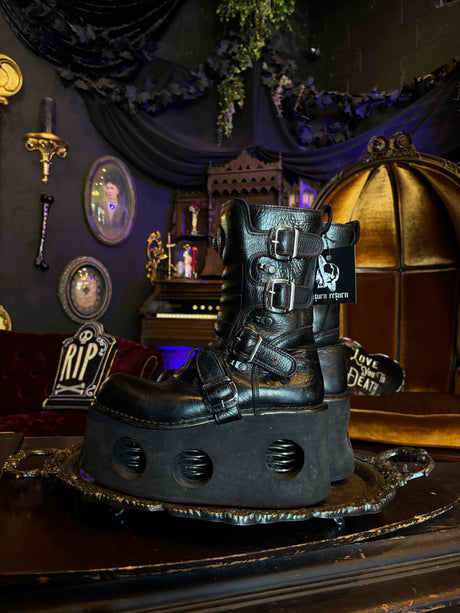 New Rock Vintage Old School Neptuno Black Leather Goth Platform Spring Boots