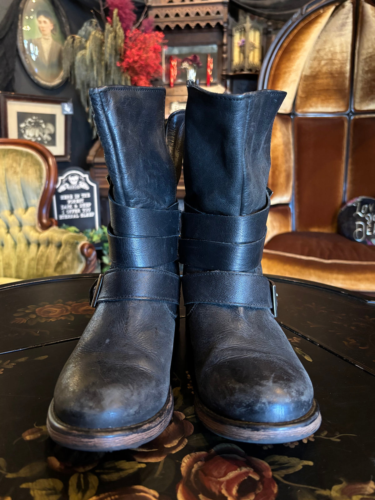 Steve Madden Brewzzer Black Leather Belted Mid-Calf Moto Boots
